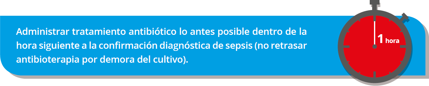 Administrar tratamento antibiótico cuanto antes dentro de la hora siguiente a la confirmación diagnóstica de sepsis (no atrasar antibioterapia por demora del cultivo)